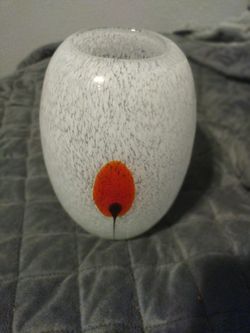 Minimalist Modern White Speckled Hand Blown Glass Art Vase With Red Accent