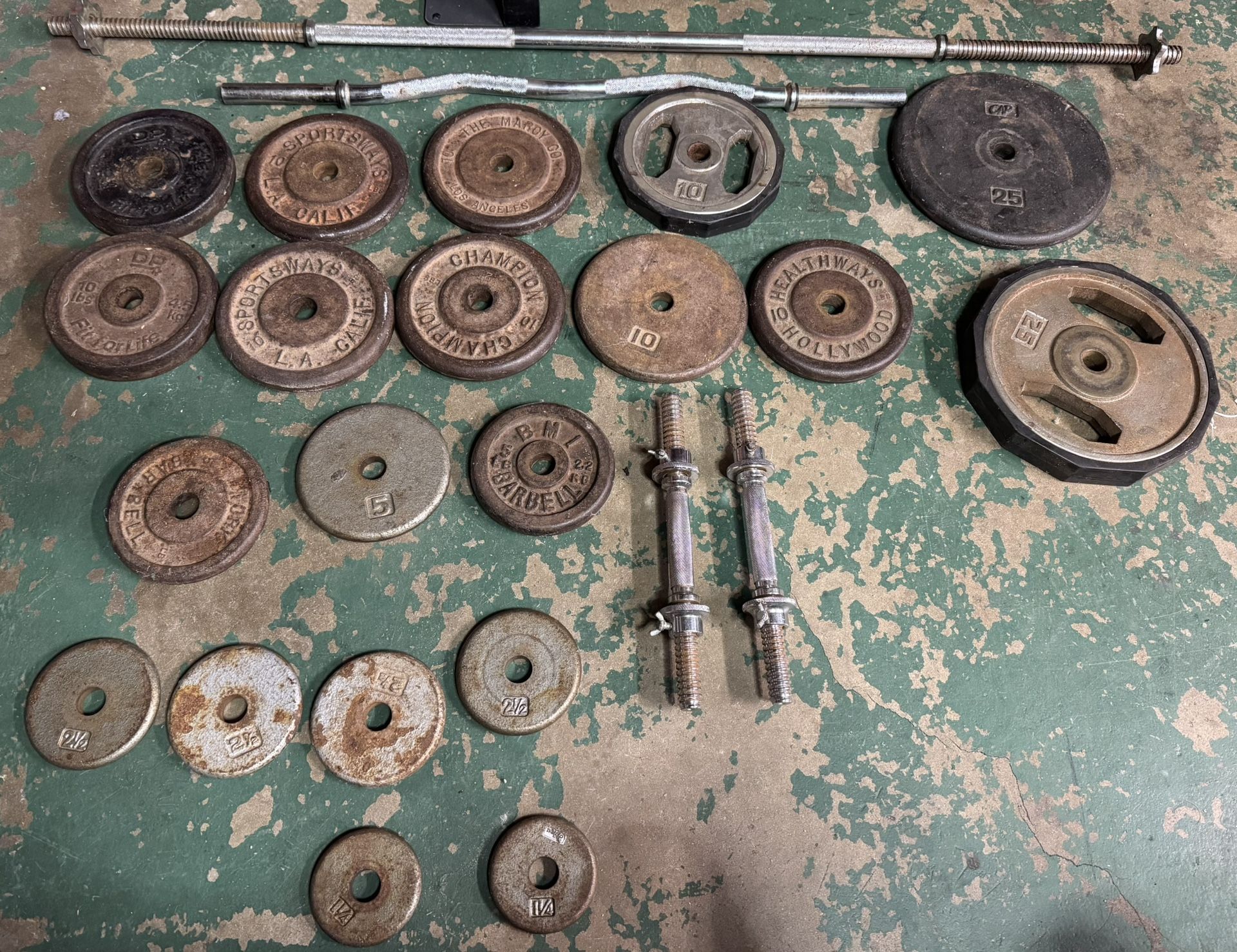 170 Lbs. Of Vintage Iron Weight Plates + Barbell & Dumbbell Handles (Standard 1”)