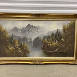 Rustic mountain landscape with ornate gold frame, Large Majestic Waterfall Forest Landscape Vintage 1970s Oil on Canvas Framed Signed by Rick Boren