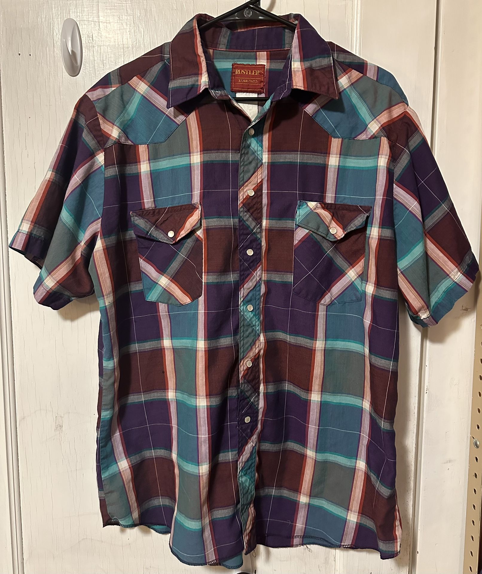 VTG RUSTLER X-Long Tail Lg Pearl Snap Short Sleeve Western Shirt Cowboy Rodeo