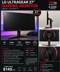 LG UltraGear 27" 144Hz IPS Gaming Monitor (27GL650F-B) – G-SYNC/FreeSync