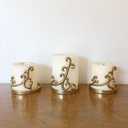 Set of three vintage brass pillar candle holders / India / holiday decor