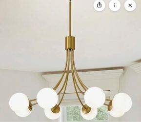 Modern Mid Century Gold Chandelier Sputnik Light Fixture for Living Room Dining Room with White Globe Glass Shade