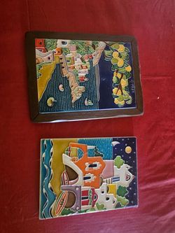 Hand-Painted Italian Majolica Relief Art Tiles (Pair)