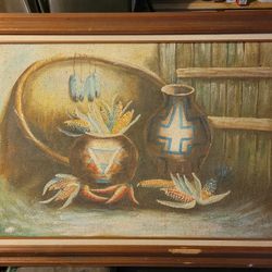 Vintage Hand Painted Native American Art 43"x30" Framed Canvas Artwork Origanal Pottery Sand