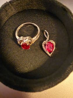 Heart stone Ring and Heart Pendant Set 925 silver