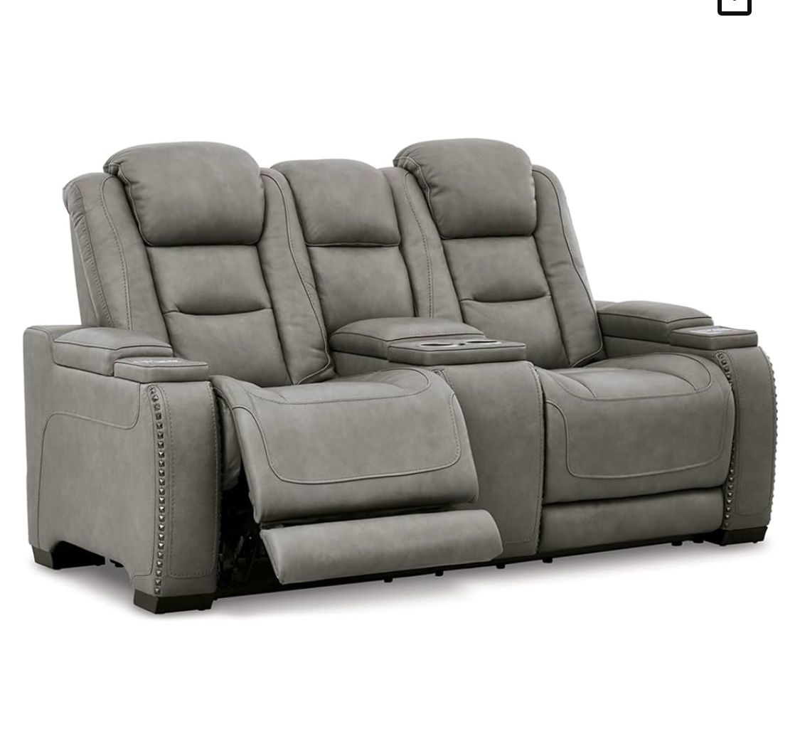 Ashley Furniture The Man-Den Gray Power Reclining Loveseat with Console