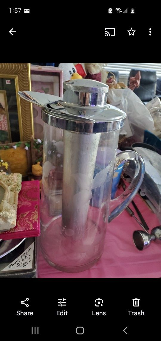Vintage Glass Pitcher With Etched Flowers Inside Tube For Ice