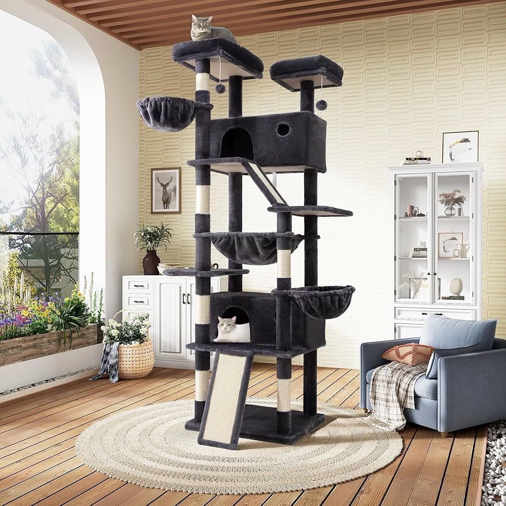 81in Multi-Level Tall Cat Tree Tower for Indoor Kitties/Larger Cat Condo Furniture with Hammock/Cozy Pussycat Perches/Sisal Scratching Posts