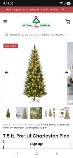 Christmas Tree / 7.5 ft. Pre-Lit Charleston Pine Slim Tree with Clear Lights, Plug-In