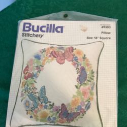 Bucilla Stitchery “Butterfly Kaleidoscope “ Pillow Kit #49303 14” Square Vintage NOS