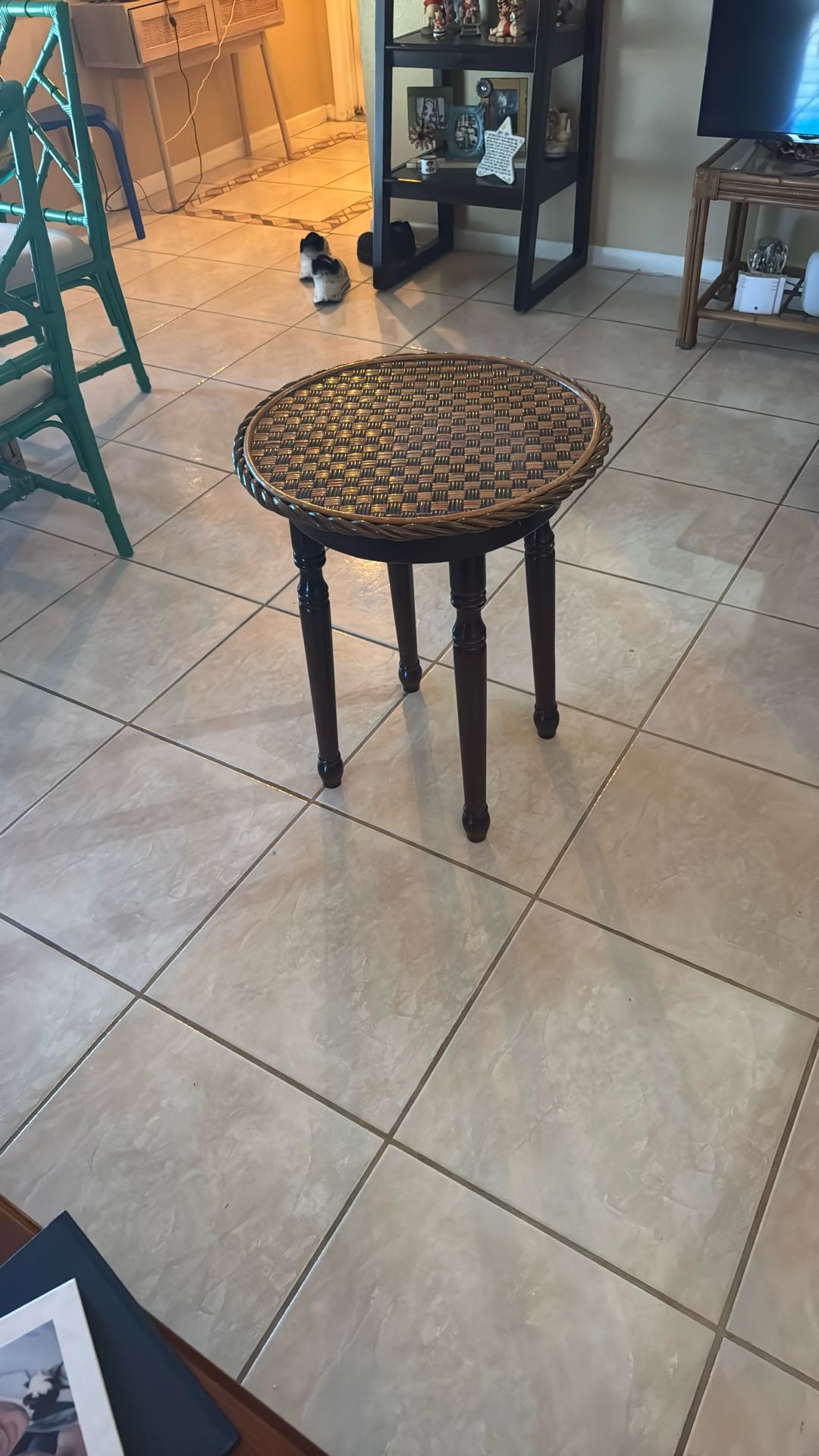 Wooden End Table Wicker/Wood Dark brown