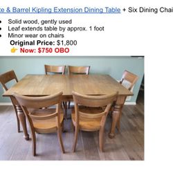 Crate & Barrel Kipling Extension Dining Table + Six Dining Chairs Set
