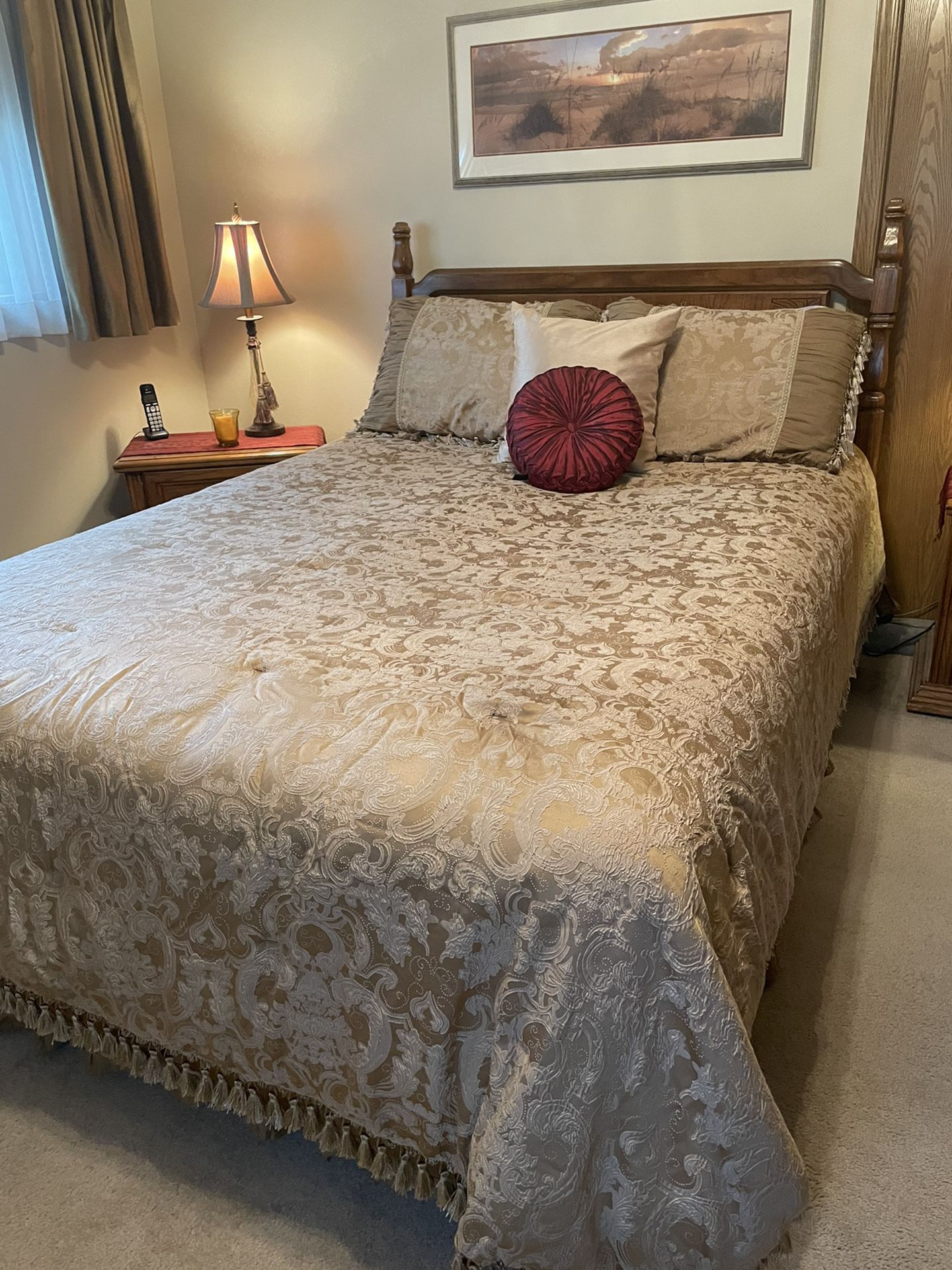 Queen Gold Bedspread With Shams, Skirt And Decor Pillows