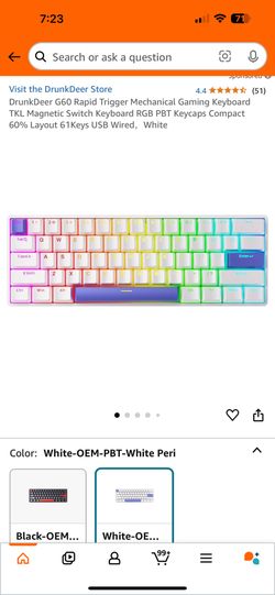 DrunkDeer G60 Rapid Trigger Mechanical Gaming Keyboard TKL Magnetic Switch Keyboard RGB PBT Keycaps Compact 60% Layout 61Keys USB Wired，White