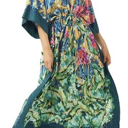 Womens Bathing Suit Coverup Plus Size Short Sleeve Floral Print Caftans Vneck