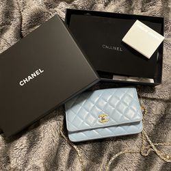 Blue CHANEL Quilted Chain Wallet Bag