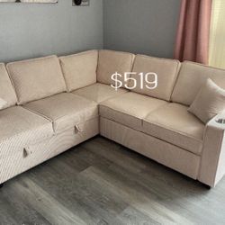 3-Pc Sectional Sofa With Pullout And Sofa With Storage