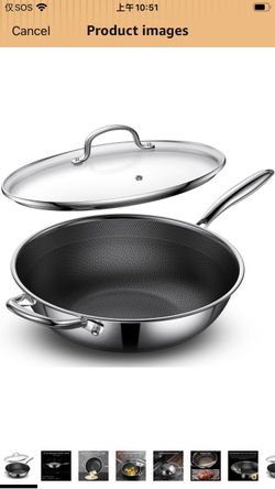 13" Hybrid Nonstick Stainless Steel Wok with Glass Lid, Laser-Textured Wok Pan, PFOA-Free Woks & Stir-Fry Pans, Oven & Dishwasher safe, Induction Read
