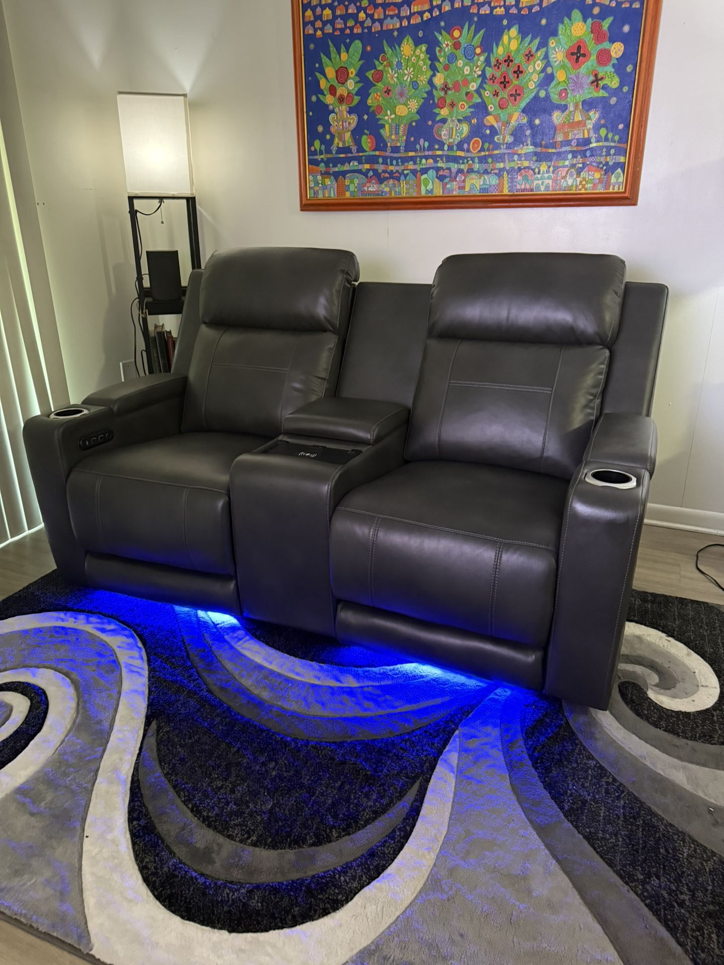 Black/Gray Love Seat W/ Cup Holders, LED Lights and Chargers