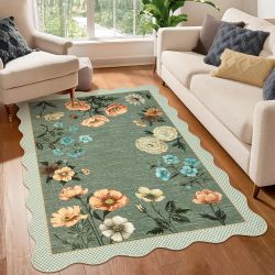 5x7 Floral Scalloped Area Rug, Low Pile-Nonslip-Washable/Stain Resist, Green, NEW. $45 ea or 2/$80