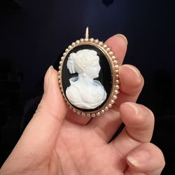 14k Gold Antique/Vintage Cameo Locket Brooch Pendant With Family Photo 