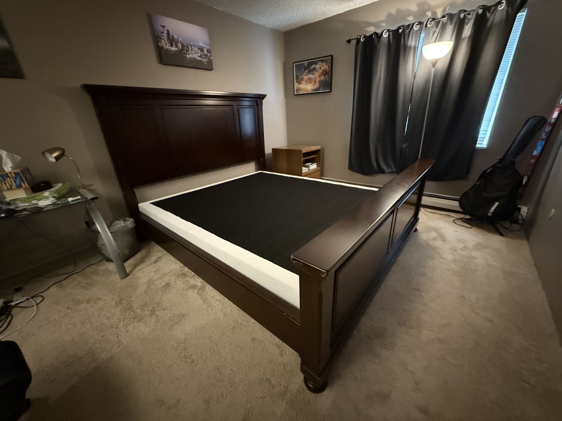 Solid Wood California King Bed Frame With Metal Box Platform Box Spring