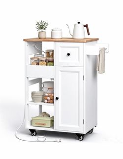 Kitchen Island Cart with Power Outlet, Drawers & Doors, White Rolling Serving Cart with Built-in Power Outlet, Oak Top, Adjustable Shelf, Removable Tr