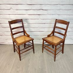 Antique Victorian Eastlake Carved Cane Dining Chairs 2pc