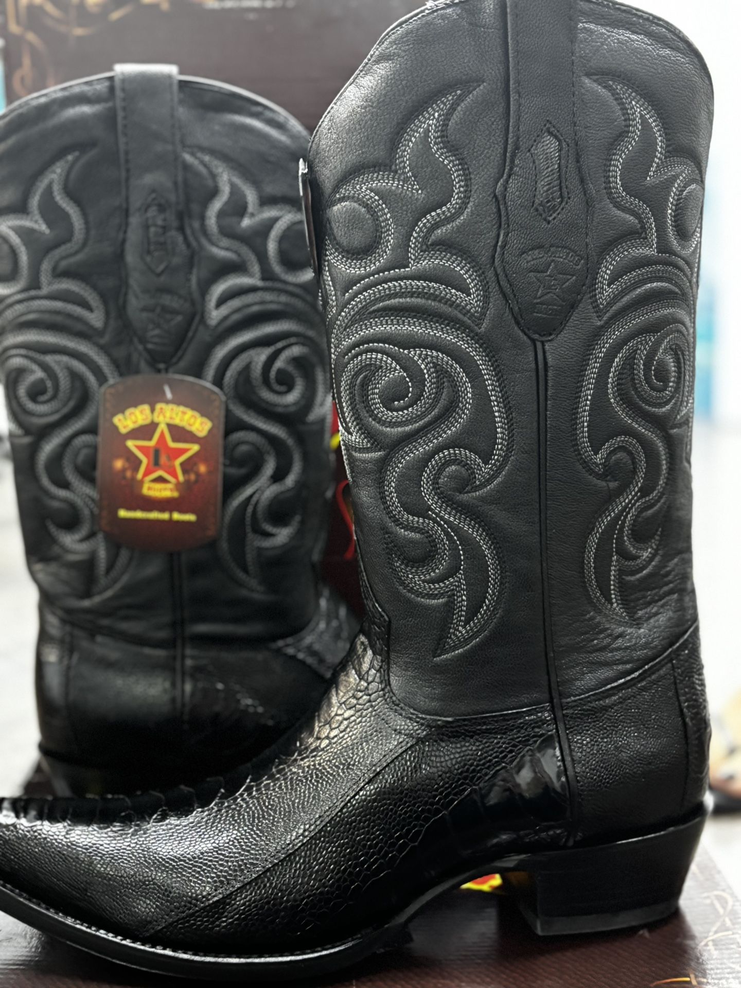 Style 11 Los Altos Black Genuine Ostrich Leg Snip Toe Cowboy Boots 940505