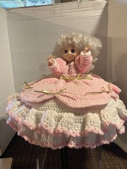 Vintage Bed Pillow Doll in Crochet Pick & White Dress-$42 CASH