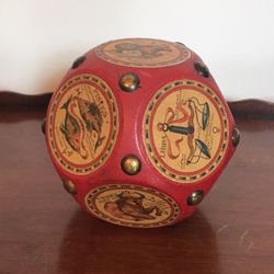 Vintage  Italian Red Leather On Wood Zodiac  Astrology Signs Dodecahedron Paperweight 