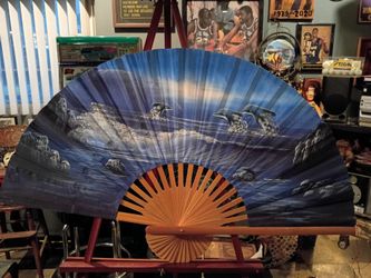 40 inch Folding decorative wall fan featuring hand-painted dolphins.