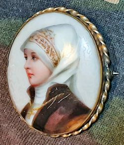 Victorian miniature portrait painting on porcelain brooch pin 1.5" x 1.25" #31
