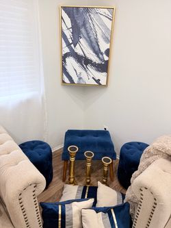 Navy Blue & Gold Home Decor Bundle – Velvet Ottomans, Bench, Pillows, Candle Holders, Wall Art & Throw