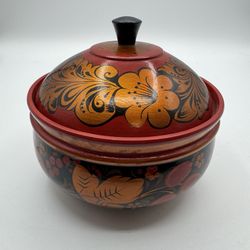 Vintage Russian Khokhloma Hand Painted Wooden Lidded Bowl Floral Berry Folk Art