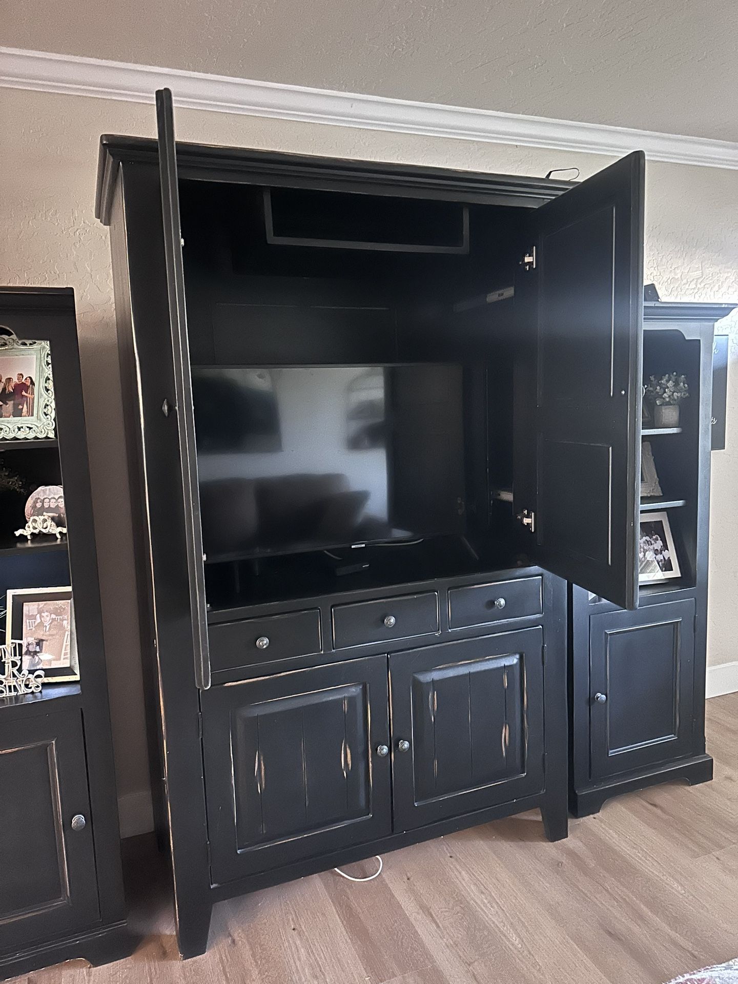 Wall Unit Cabinet For TV With Two Book Shelves Black