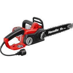 This is a Homelite 14-inch electric chainsaw (Model #UT43104), featuring a 9 Amp corded motor.