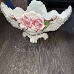 Vintage Capodimonte Porcelain Oblong Bowl, Hand Crafted & Painted, Made In Italy