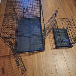 I have 1 large Dog crate it was used 1 time.
It is high quality, sturdy and has double doors.  36" long  25" tall 22" wide. $50.
Small crate is 18" lo