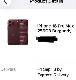 iPhone 18 pro max 256gb unlocked burgundy and glacier ,selling from shop peace of mind ,available sept 18