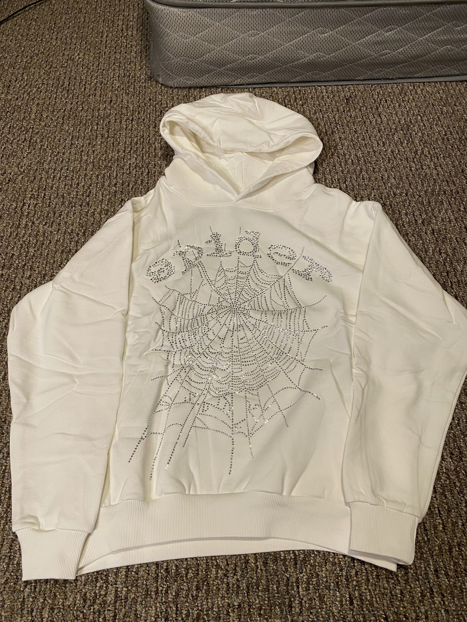 white rhinestone sp5der hoodie