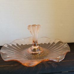 Vtg Anchor Hocking Pink Depression Glass Tidbit Tray Center Handle 7.25" Diam