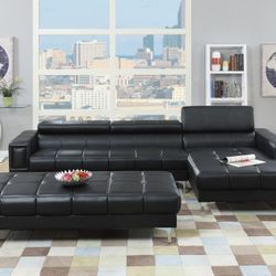 Brand New Black Leather Modern Style Sectional Sofa (Ottoman Sold Separately)