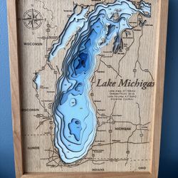 Lake Michigan Handmade Wooden 3D Topographical Map