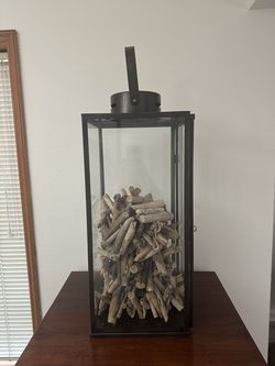Large Black Metal & Glass Decorative Lantern with Driftwood – $40