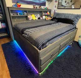 Full-size bookshelf bed with drawer storage
