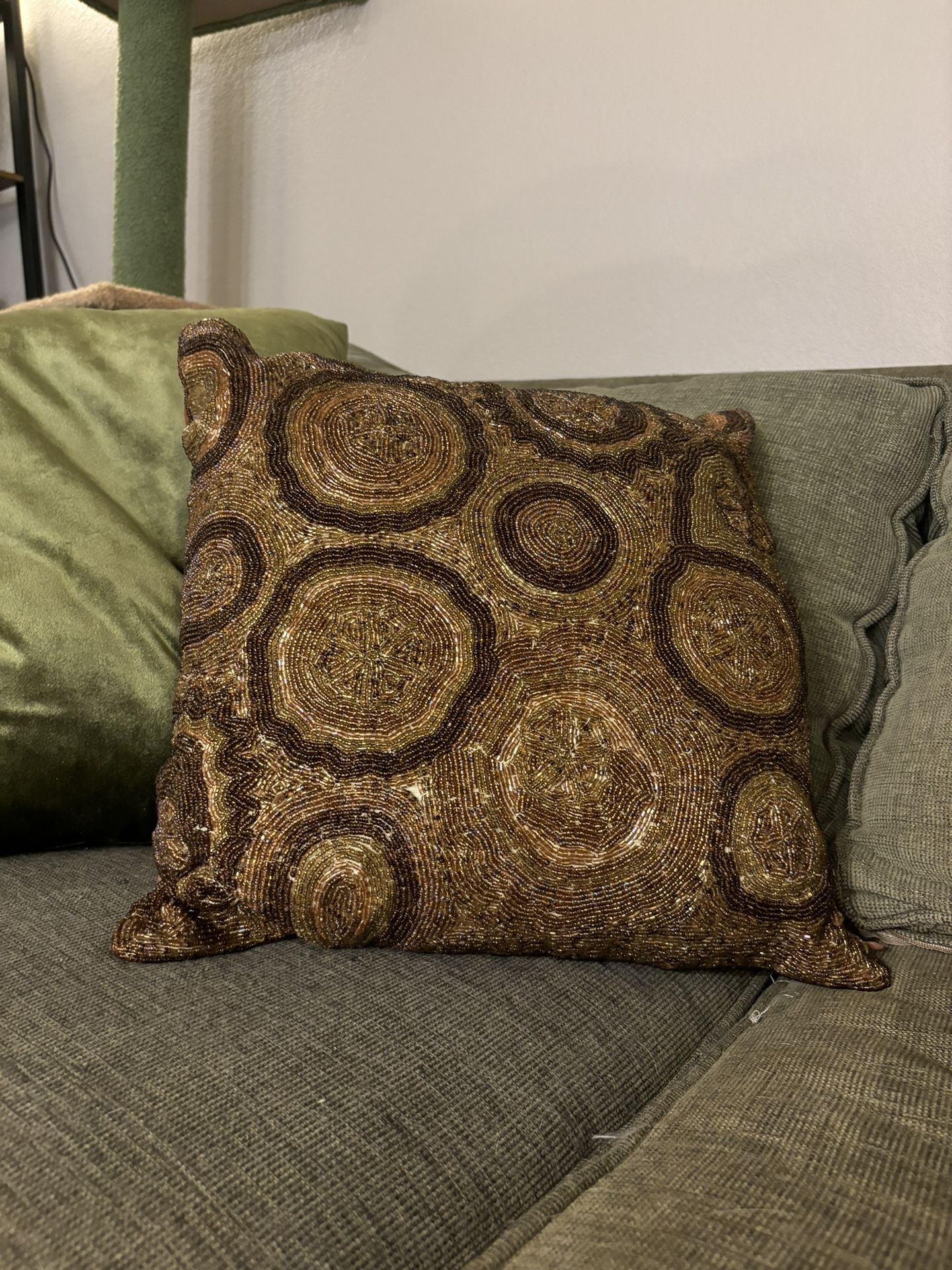 Brown Bohemian Hand Beaded Couch Throw Pillow