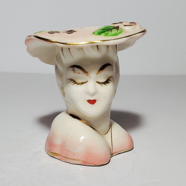 Lady Head Vase Mini 3.5" Pink Hat Flowers