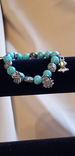 Turquoise Color Fish, Hand, Sun Charms Bracelet